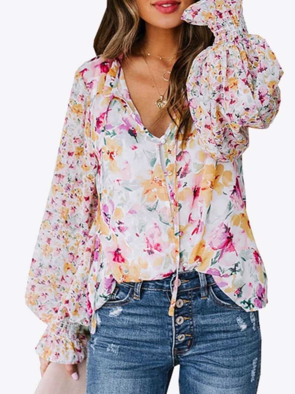 Dokotoo Floral Balloon Sleeve Ruffle Blouse Top Pastel Multi XL